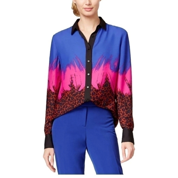 Anne Klein Tops - ANNE KLEIN BLUE PINK MULTI PRINT Button Down Blouse Top Shirt Womens  14